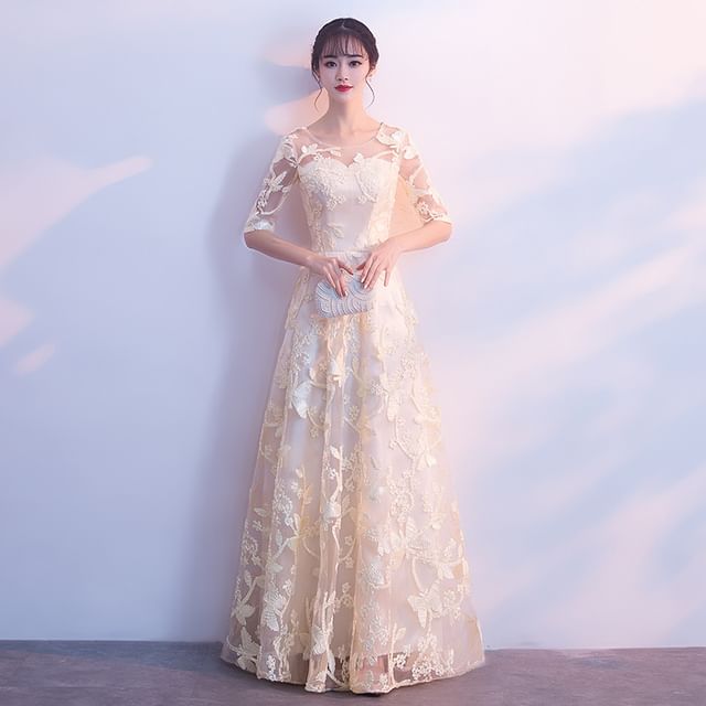 Neck Evening Embroidered Elbow-Sleeve Scoop Butterfly A-Line Gown
