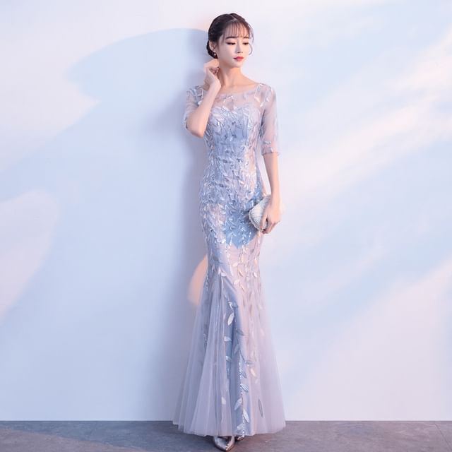 Neck Elbow-Sleeve Mermaid Sequin Evening Boat Gown