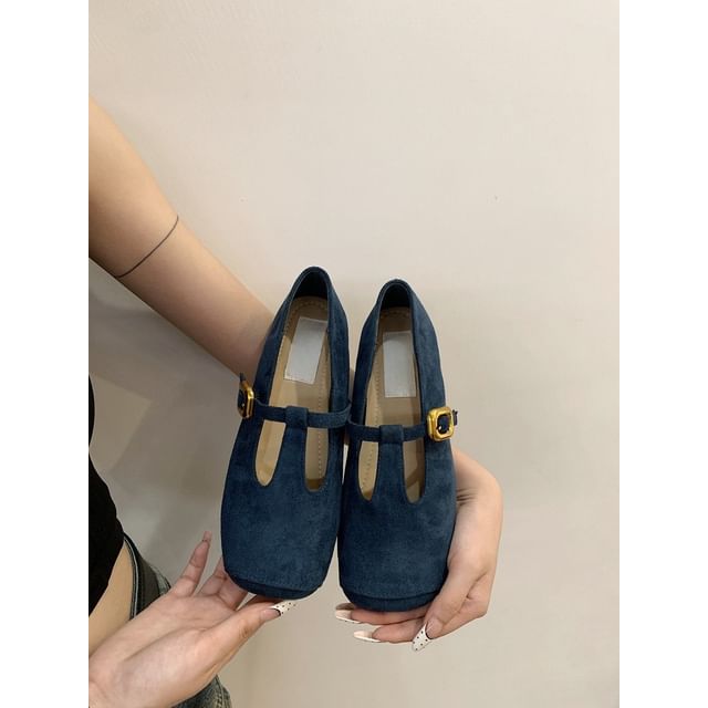 Faux T-Strap Square Suede Toe Flats