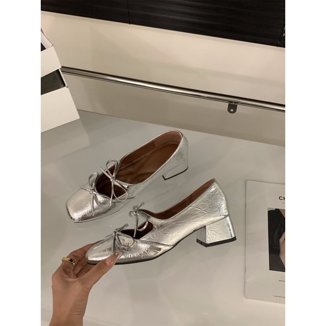 Bow Jane Heel Mary Pumps Square Block Toe