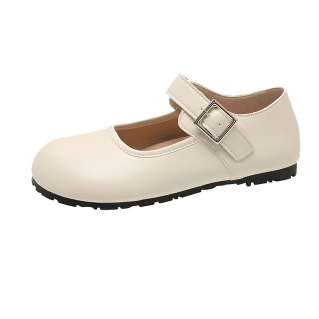 Jane Round Plain Toe Flats Mary Leather Buckled Faux