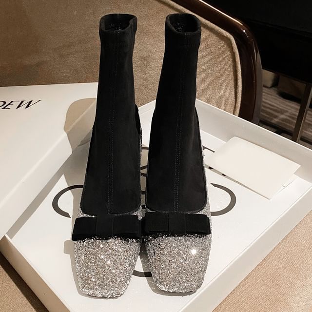 Boots Short Block Square Sock Bow Toe Heel Glitter