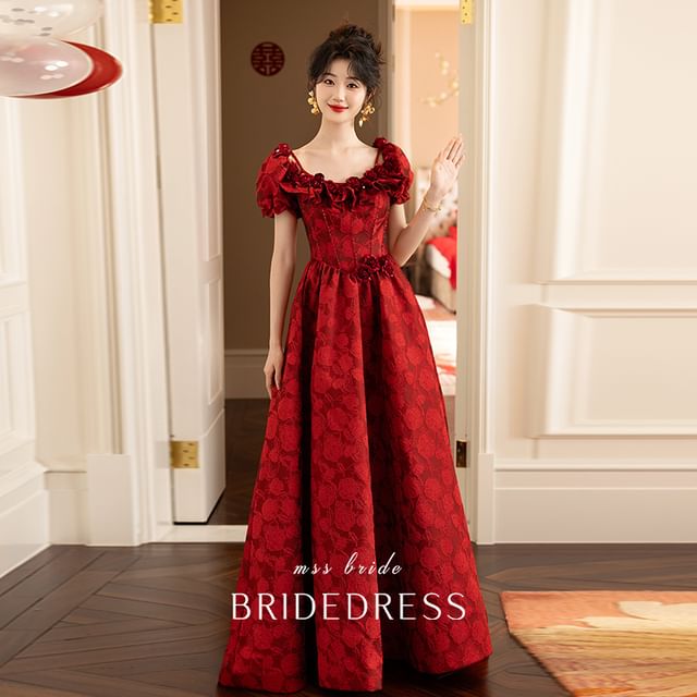 Sleeve Gown A-Line Jacquard Scoop Ruffle Wedding Neck Puff