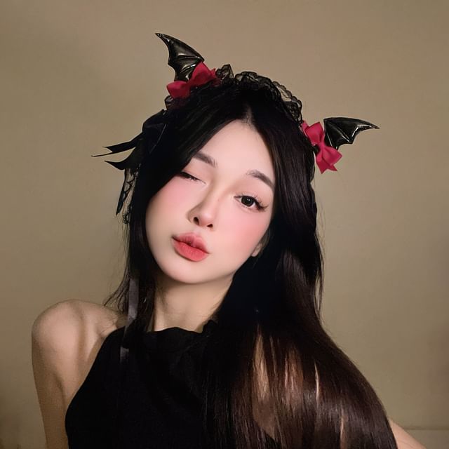 Set: Halloween Devil Wings Bow Hair Clip + Lace Headband