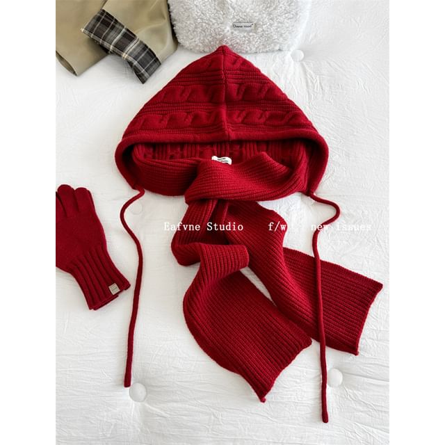 Hooded Knit Plain Cable Scarf
