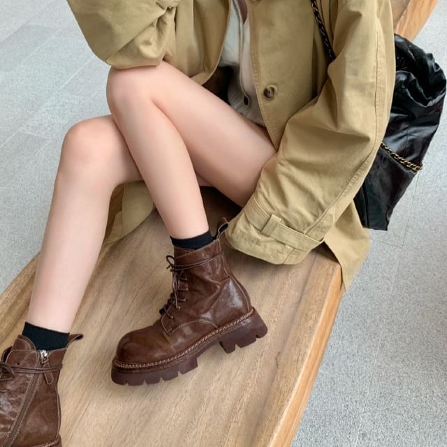 Lace-Up Platform Genuine Plain Short Boots Leather