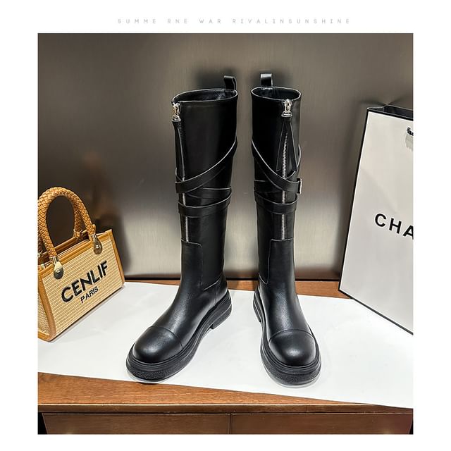 Tall Buckled Zip-Up Leather Plain Platform Faux Boots