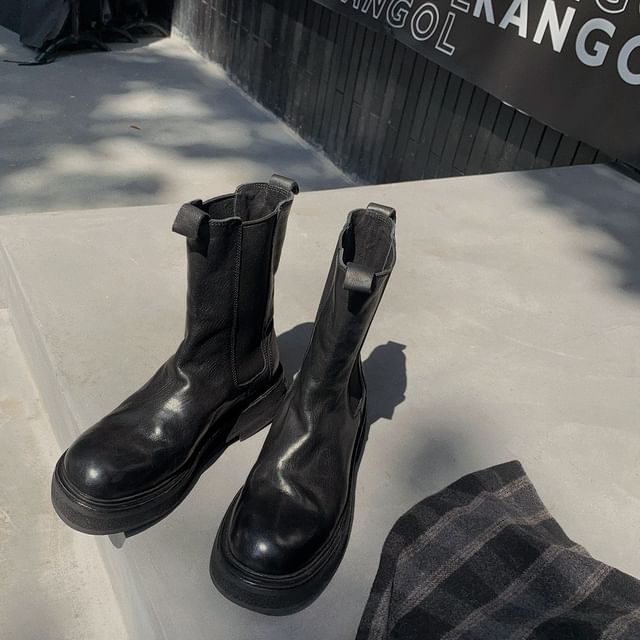 Platform Short Plain Boots Genuine Leather Chelsea