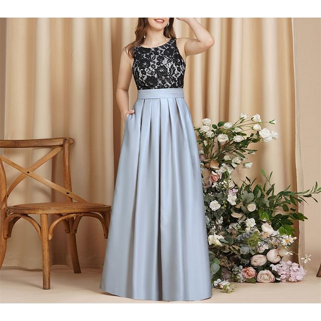 Sleeveless A-Line Back Neck Evening Crew Gown Lace Panel Open Pleated