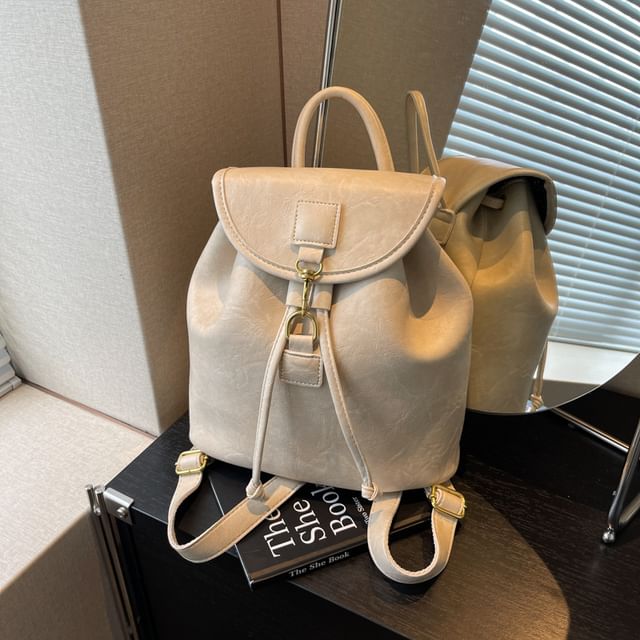 Leather Plain Flap Backpack Faux