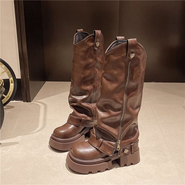 Buckled Knee High Boots Zip Platform Panel