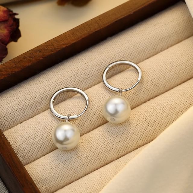 Faux Sterling Pearl Silver Hoop Drop 925 Earring