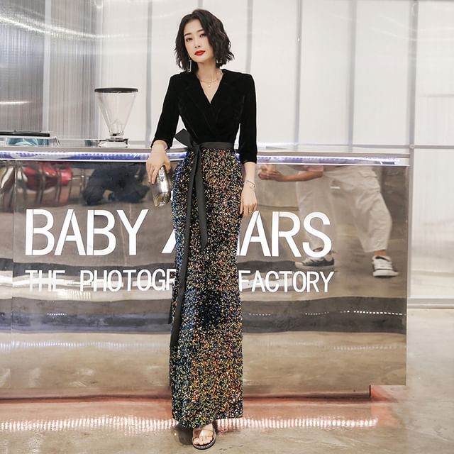 Neck Panel Evening Notch Sequin 3/4-Sleeve (Various Gown Designs)