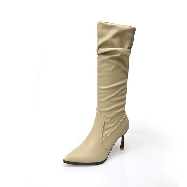 Heel Tall Plain Toe High Leather Faux Pointed Boots