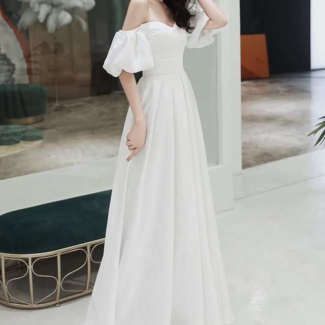 / A-Line Plain Gown Wedding Off-Shoulder Midi Dress Puff-Sleeve