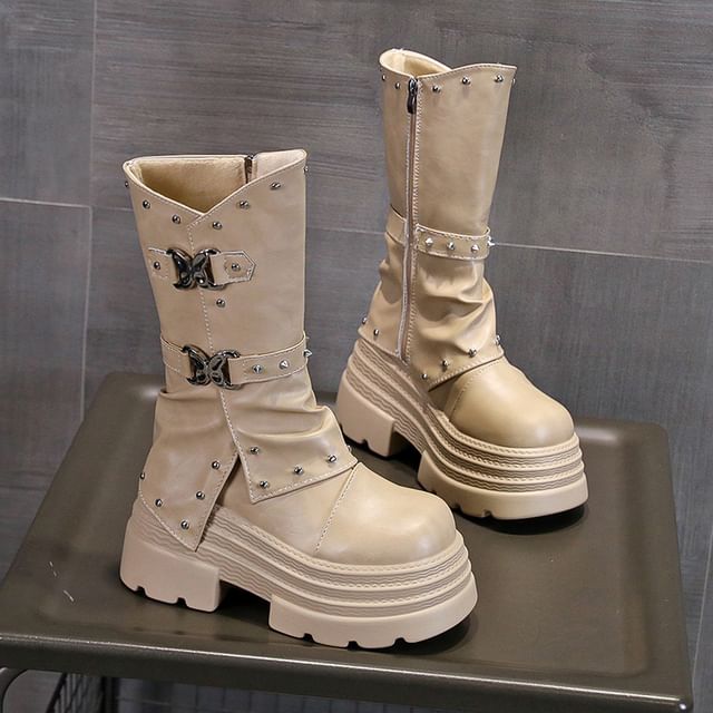 Mid Platform Calf Boots Buckle