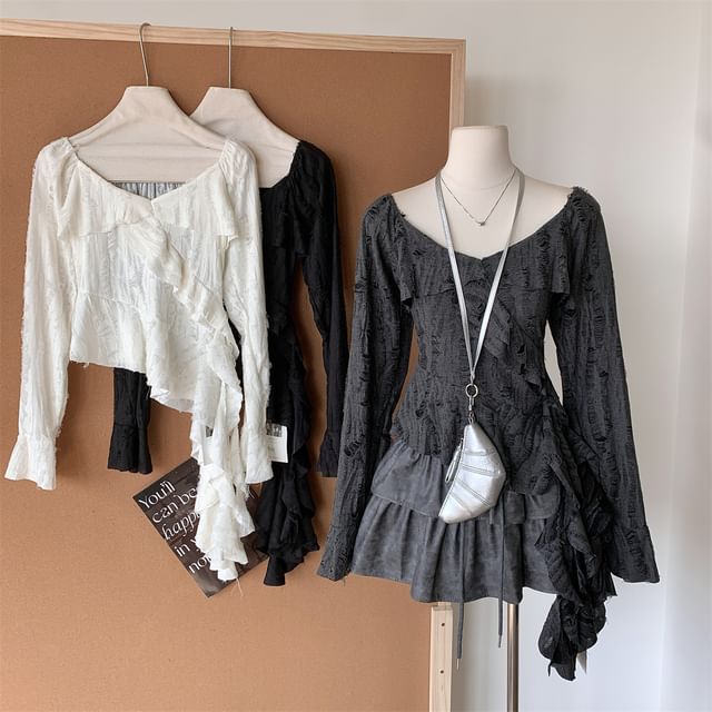 Plain Asymmetrical Top Ruffle Trim Long-Sleeve Scoop Neck