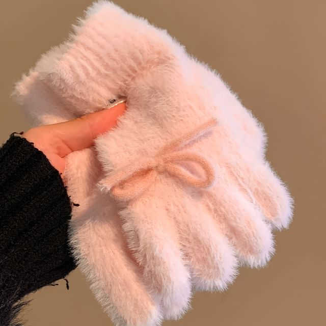 Knit Gloves Fluffy Bow