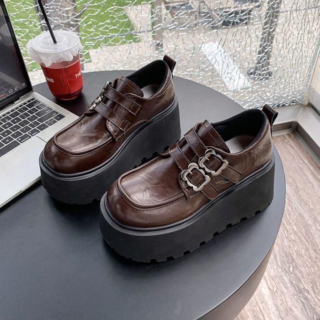 Buckled Ankle Faux Leather Shoes