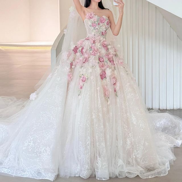 Strapless Floral Detail Sheer Wedding Ball Gown