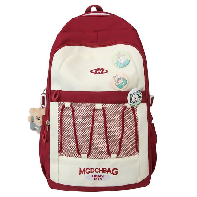 Embroidered Backpack Panel / Lettering Drawstring Set Brooch Nylon Mesh