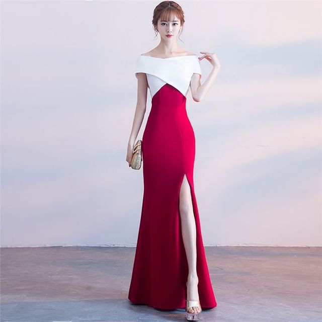 Mermaid Evening Off-Shoulder Slit Gown Two Cap-Sleeve Tone