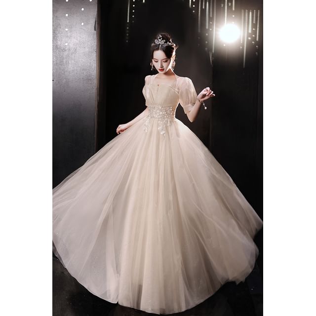Short-Sleeve Gown A-Line Designs) Tulle Evening (Various Sequin