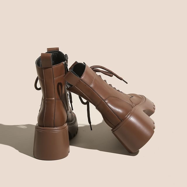 Genuine Leather Short Platform Plain Lace-Up Boots