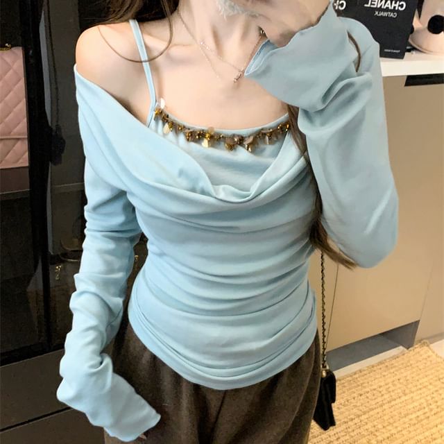 Two Off Mock Long Piece Top Shoulder Sleeve