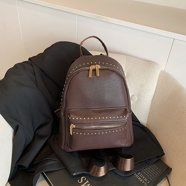 Plain Backpack Faux Leather Studded