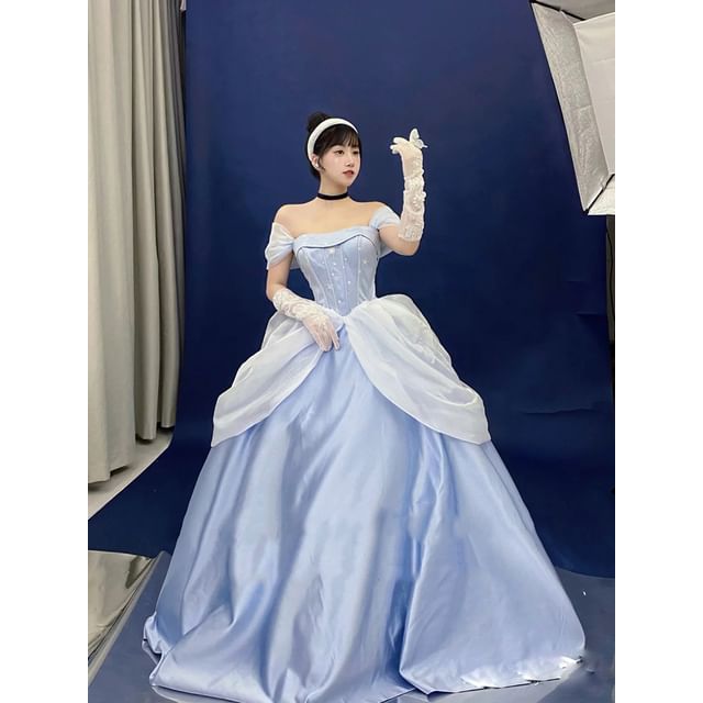 / A-Line Strapless Gown Puff-Sleeve Print Ball Set Skirt Star Petticoat