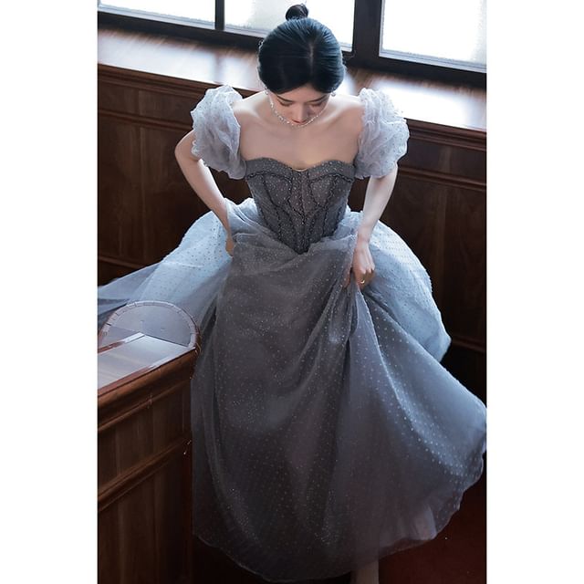 Evening Puff-Sleeve Dotted A-Line Gown
