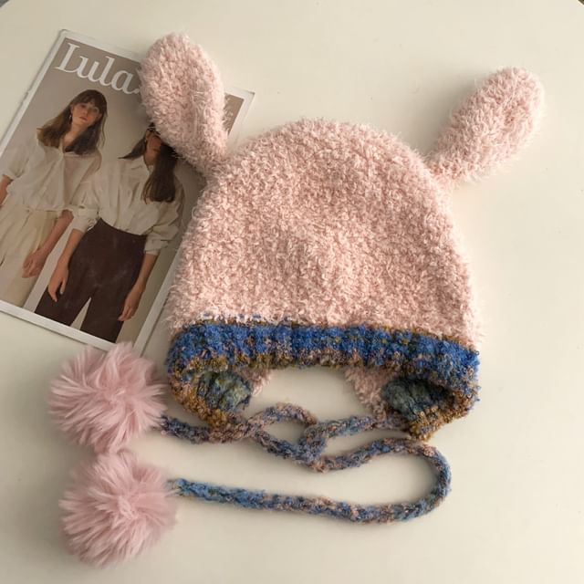 Hat Knit Panel Ear Pom Fluffy Rabbit