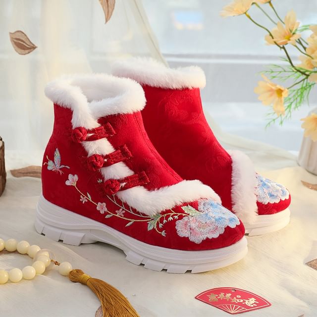 Embroidery Lace-Up Boots Furry Trim Short Floral