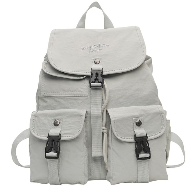 Flap Embroidered Nylon Backpack Lettering Buckled