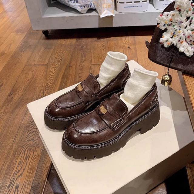 Plain Faux Penny Leather Loafers Platform