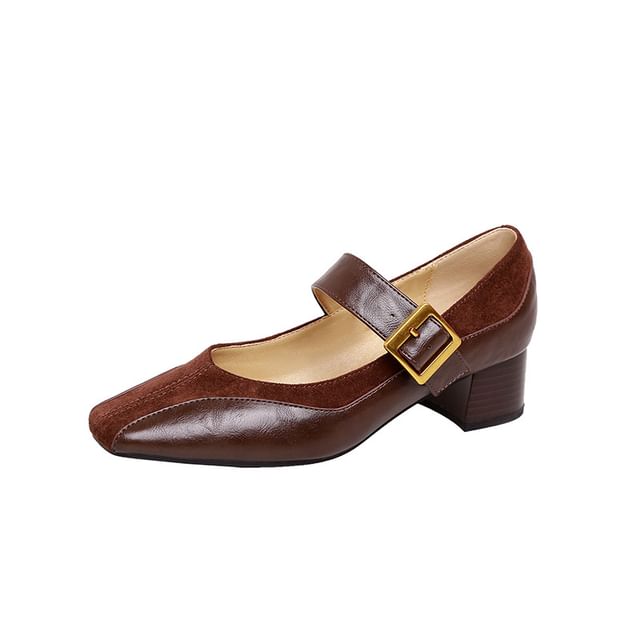 Heel Faux Panel Jane Leather Plain Pumps Chunky Mary Buckled