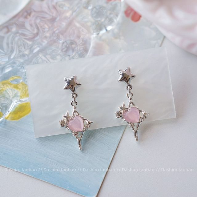 Earring Star Heart Drop On Rhinestone / Clip