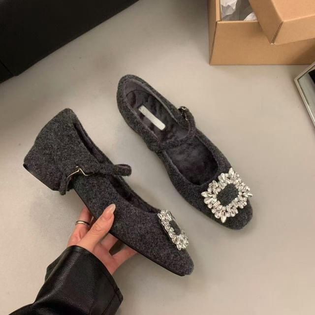 Mary Pumps Square Toe Rhinestone Jane Block Heel Buckled