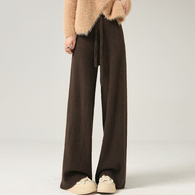 Plain Leg Pants Knit Waist Wide High