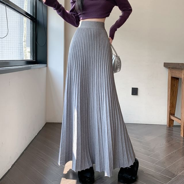 Skirt Plain Maxi High Knit A-Line Rise