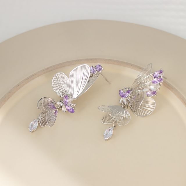 Rhinestone Drop Butterfly / Clip On Earring