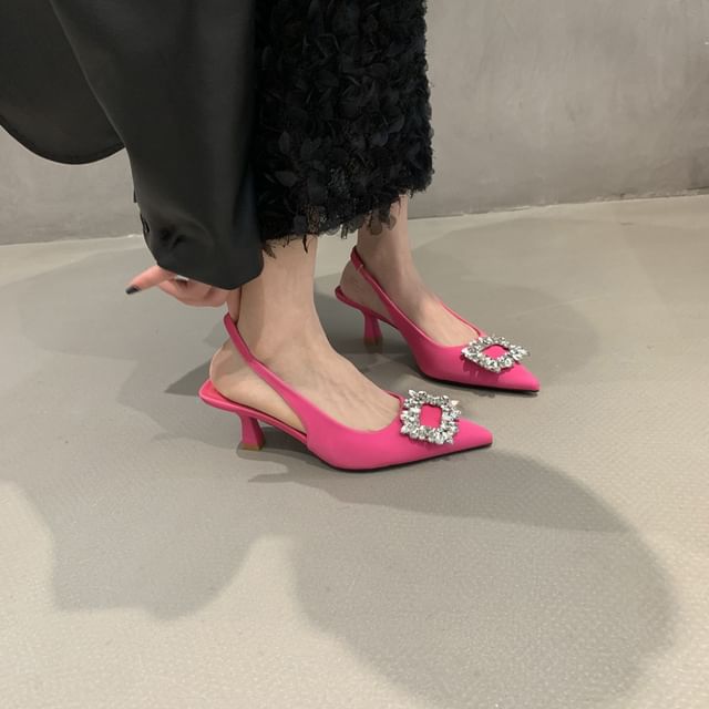 Rhinestone Heel Buckle Sandals Slingback Low