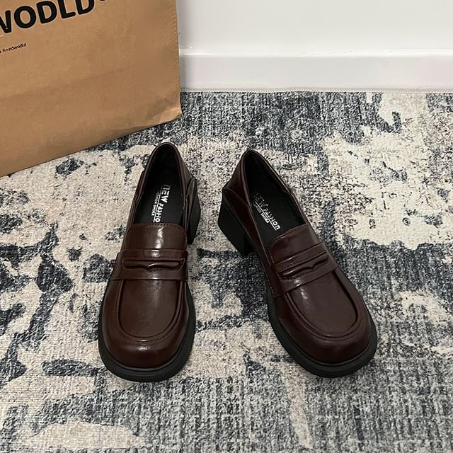 Leather Block Loafers Heel Faux