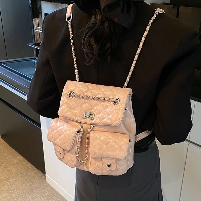 Faux Leather Strap Chain Backpack Quilted