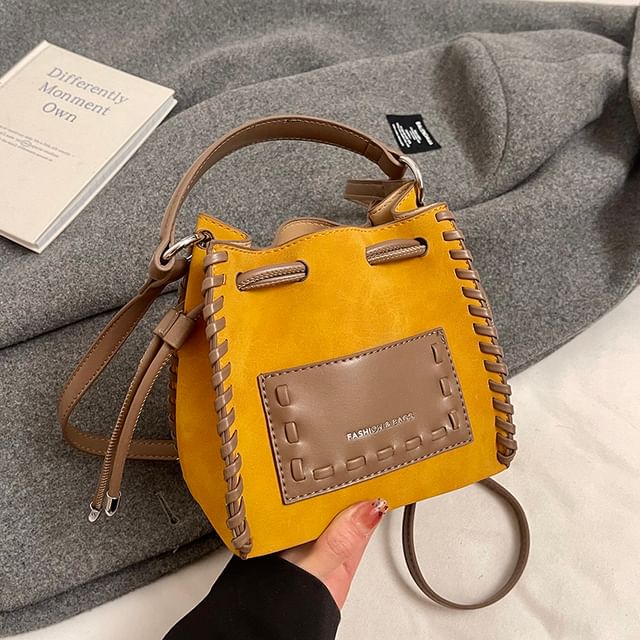 Applique Bucket Leather Bag Drawstring Faux