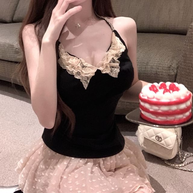 / Trim Plain Neck Asymmetrical Lace Top Mid Mini Halter Rise Skirt A-Line Dotted Scoop