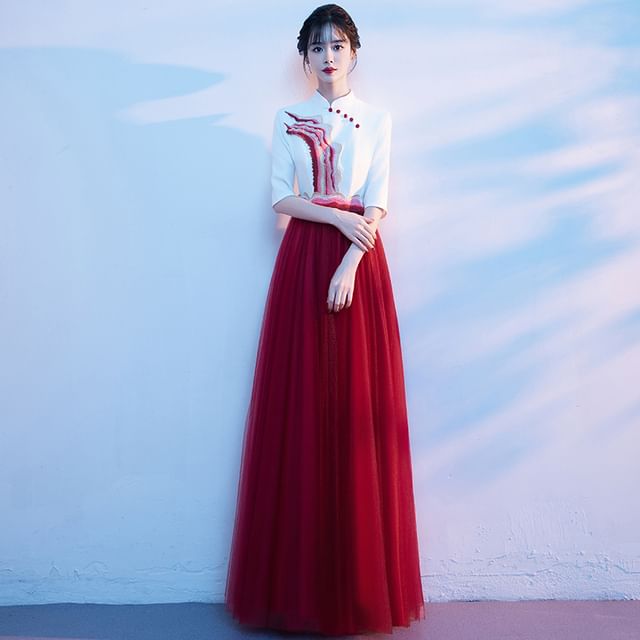 Short-Sleeve Gown Evening Collar A-Line Tone Two Stand