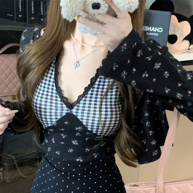 Print Crop Floral Panel Dress Cami Mini Cardigan Plaid / Top