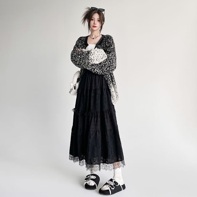 Waist A-Line Plain Lace Skirt Midi High Panel